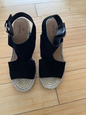 Women Susma Black Suede Espadrille Wedge Heels Platform Sandals Shoes 7.5